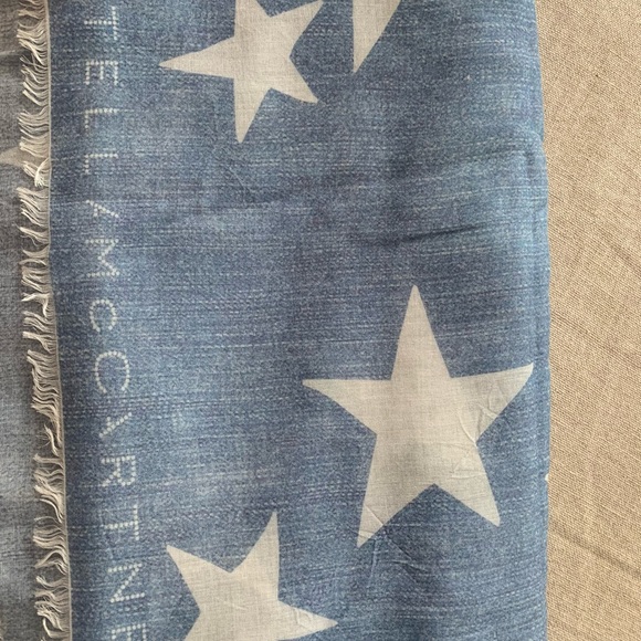 STELLA MCCARTNEY Blue Silk Scarf, Star ⭐️ Motif with Fringe Ends - Picture 8 of 14